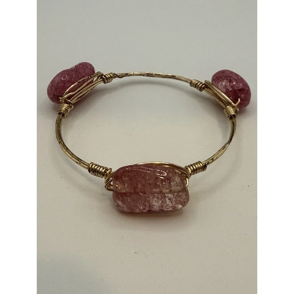 Wire Wrapped Bangle Bracelet Pink Stone or Glass Gold Tone 7